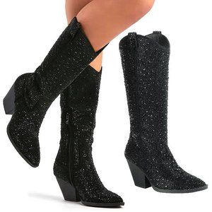 New Black Blingy Rhinestone Knee High Cowboy Boots